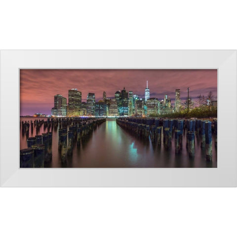 Manhattan skyline with rows of groynes in foreground, New York White Modern Wood Framed Art Print by Frank, Assaf