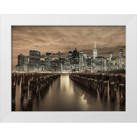 Manhattan skyline with rows of groynes in foreground, New York White Modern Wood Framed Art Print by Frank, Assaf