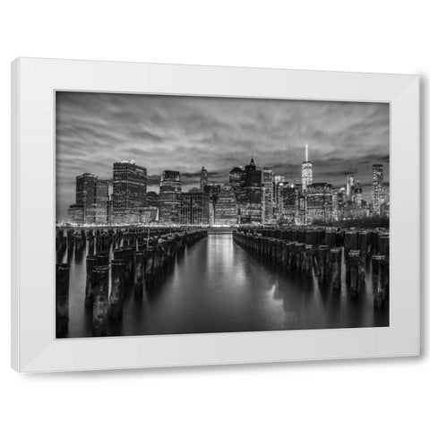 Manhattan skyline with rows of groynes in foreground, New York White Modern Wood Framed Art Print by Frank, Assaf
