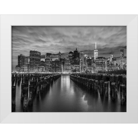 Manhattan skyline with rows of groynes in foreground, New York White Modern Wood Framed Art Print by Frank, Assaf