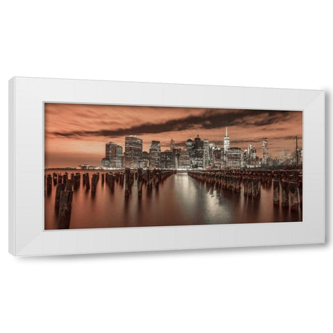 Manhattan skyline with rows of groynes in foreground, New York White Modern Wood Framed Art Print by Frank, Assaf