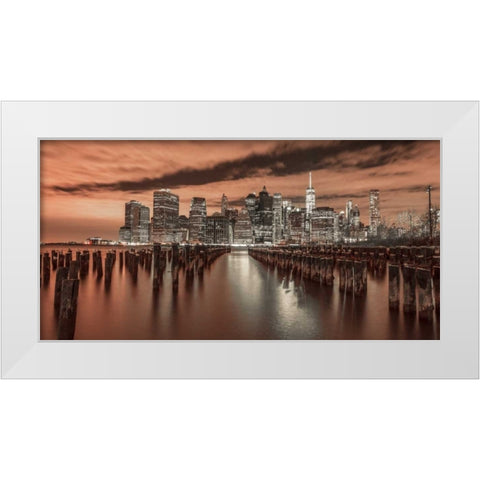 Manhattan skyline with rows of groynes in foreground, New York White Modern Wood Framed Art Print by Frank, Assaf