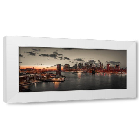 Evening view of Lower Manhattan sky-skyline with Brooklyn bridge over East river, New York, FTBR-190 White Modern Wood Framed Art Print by Frank, Assaf