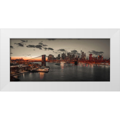 Evening view of Lower Manhattan sky-skyline with Brooklyn bridge over East river, New York, FTBR-190 White Modern Wood Framed Art Print by Frank, Assaf