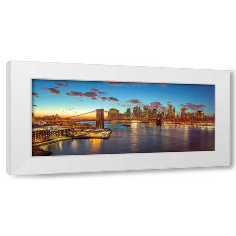 Evening view of Lower Manhattan skyline with Brooklyn bridge over East river, New York White Modern Wood Framed Art Print by Frank, Assaf