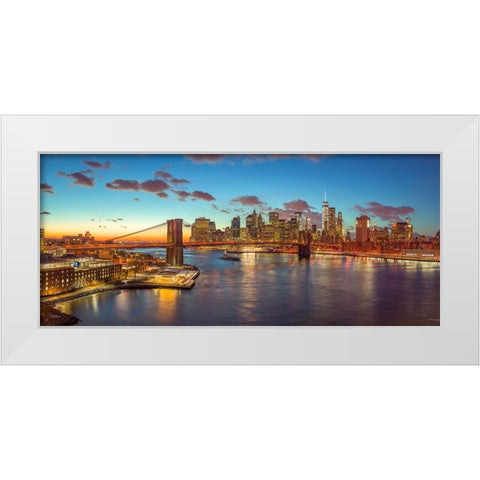 Evening view of Lower Manhattan skyline with Brooklyn bridge over East river, New York White Modern Wood Framed Art Print by Frank, Assaf