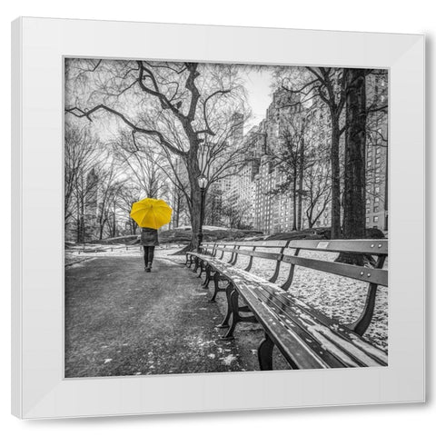 Tourist on pathway with Yellow umbrella at Central park-New York White Modern Wood Framed Art Print by Frank, Assaf