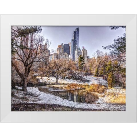 Central park with Lower Manhattan skyline, New York White Modern Wood Framed Art Print by Frank, Assaf