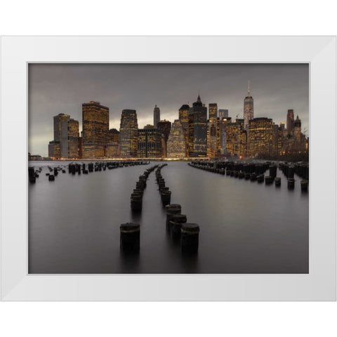 Manhattan skyline with rows of groynes in East river, New York White Modern Wood Framed Art Print by Frank, Assaf