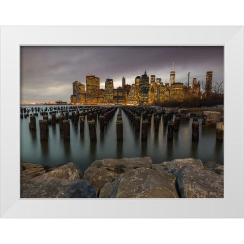 Manhattan skyline with rows of groynes in East river, New York White Modern Wood Framed Art Print by Frank, Assaf
