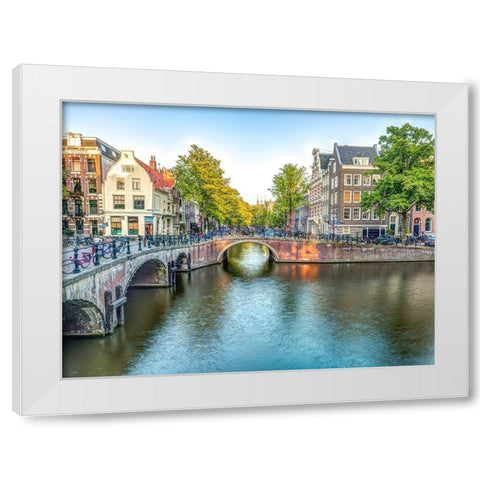 Canal through Amsterdam city White Modern Wood Framed Art Print by Frank, Assaf