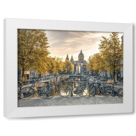 Bicycles parked along the canal-Amsterdam White Modern Wood Framed Art Print by Frank, Assaf