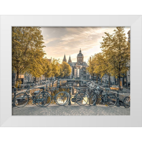 Bicycles parked along the canal-Amsterdam White Modern Wood Framed Art Print by Frank, Assaf