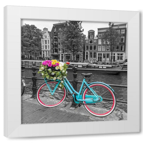 Bicycle with bunch of roses on bridge-Amsterdam White Modern Wood Framed Art Print by Frank, Assaf