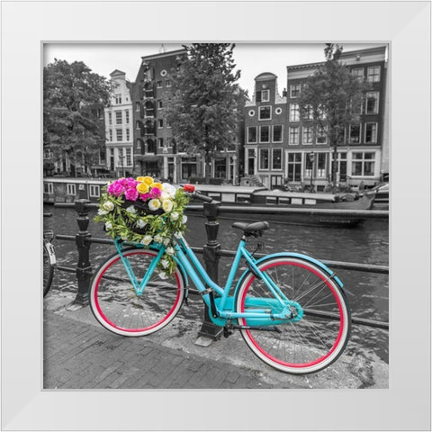 Bicycle with bunch of roses on bridge-Amsterdam White Modern Wood Framed Art Print by Frank, Assaf