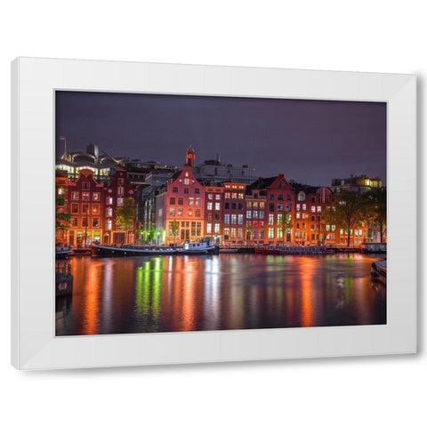 Amsterdam canal at night White Modern Wood Framed Art Print by Frank, Assaf