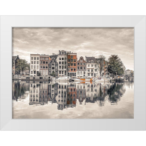 Amsterdam townhouses by the canal White Modern Wood Framed Art Print by Frank, Assaf
