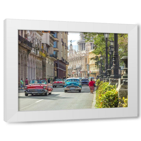 Vintage cars on Havana street, Cuba White Modern Wood Framed Art Print by Frank, Assaf