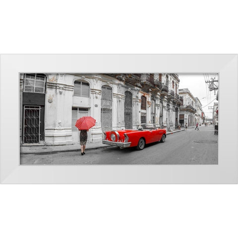 Woman with red umbrella by a vintage car on the street of Havana-Cuba White Modern Wood Framed Art Print by Frank, Assaf