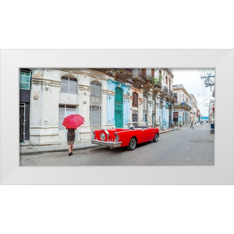 Woman with red umbrella by a vintage car on the street of Havana, Cuba, FTBR 1851 White Modern Wood Framed Art Print by Frank, Assaf