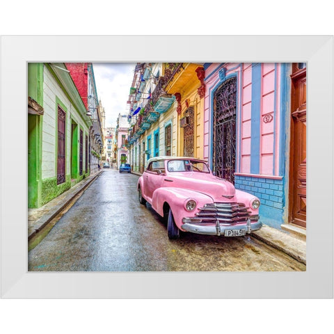 Vintage car in Havana White Modern Wood Framed Art Print by Frank, Assaf