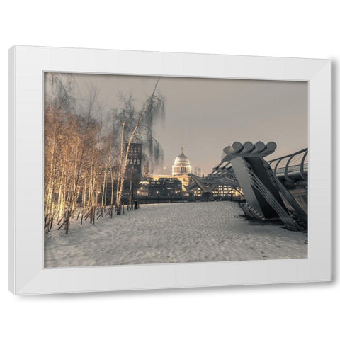 St Pauls Cathedral and Millennium Bridge in snow-London-UK White Modern Wood Framed Art Print by Frank, Assaf