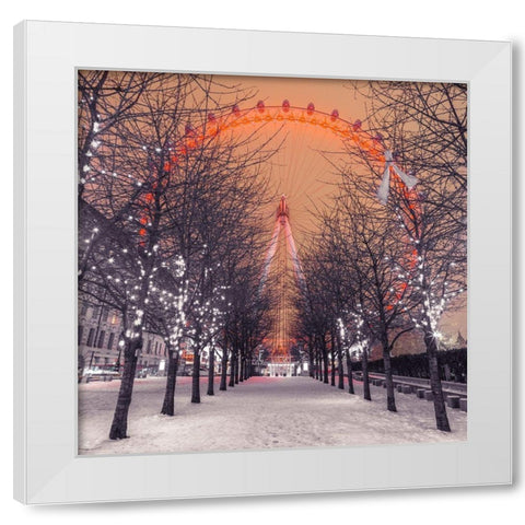 London Eye at night with trees in the foreground lit with lights and snow on the pathway-London-UK White Modern Wood Framed Art Print by Frank, Assaf