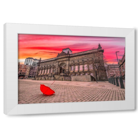 Red umbrella outside-city museum White Modern Wood Framed Art Print by Frank, Assaf