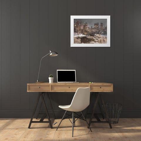 Gapstow Bridge, Central park with Manhattan skyline, New York White Modern Wood Framed Art Print by Frank, Assaf