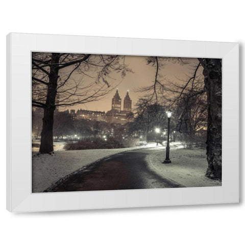 Path in cental park at night, winter, snow, New York. White Modern Wood Framed Art Print by Frank, Assaf