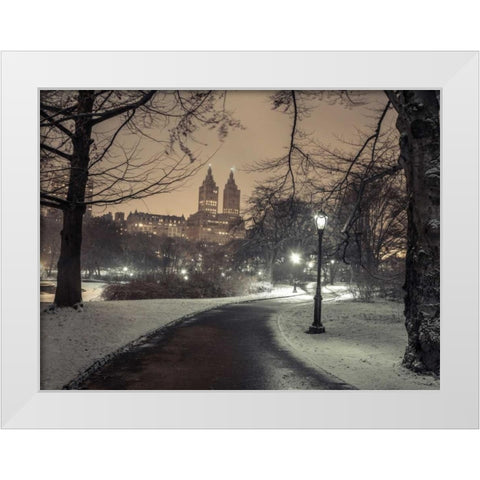 Path in cental park at night, winter, snow, New York. White Modern Wood Framed Art Print by Frank, Assaf