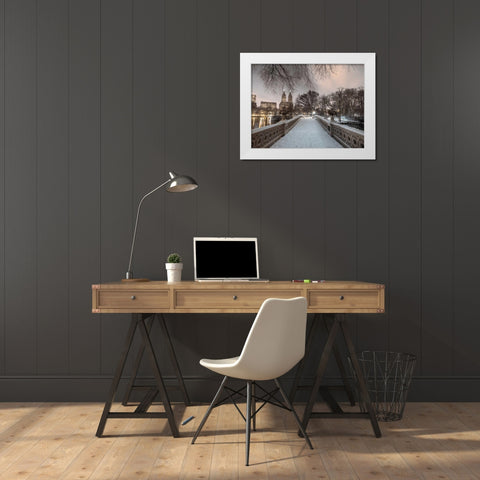 Central park Bow Bridge with Manhattan skyline, New York, AF20160117-746 White Modern Wood Framed Art Print by Frank, Assaf