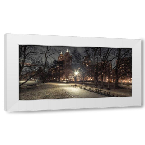 Path in cental park at night, winter, snow, New York. White Modern Wood Framed Art Print by Frank, Assaf