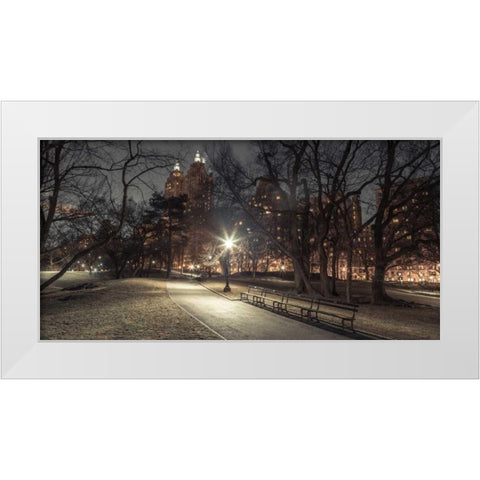 Path in cental park at night, winter, snow, New York. White Modern Wood Framed Art Print by Frank, Assaf
