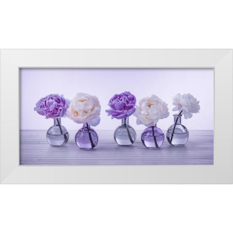 Peonies in glass bottles White Modern Wood Framed Art Print by Frank, Assaf