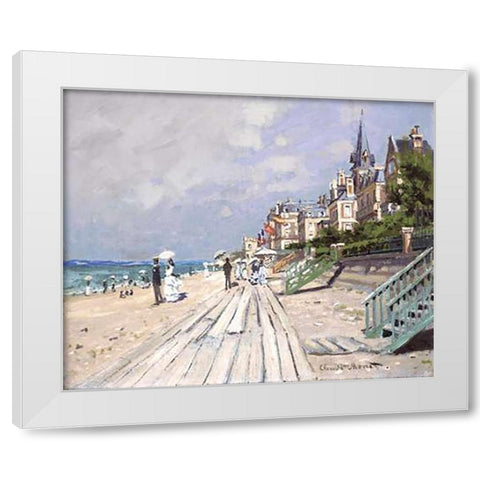 Beach at Trouville White Modern Wood Framed Art Print by Monet, Claude