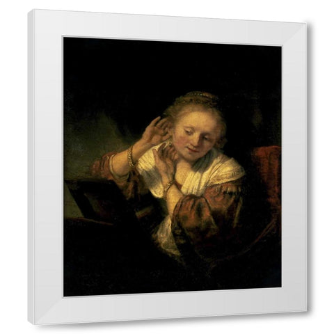 Young Woman Trying Earrings, 1654 White Modern Wood Framed Art Print by Rembrandt