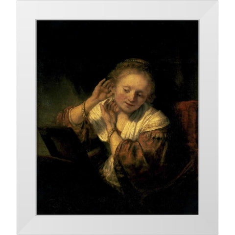 Young Woman Trying Earrings, 1654 White Modern Wood Framed Art Print by Rembrandt