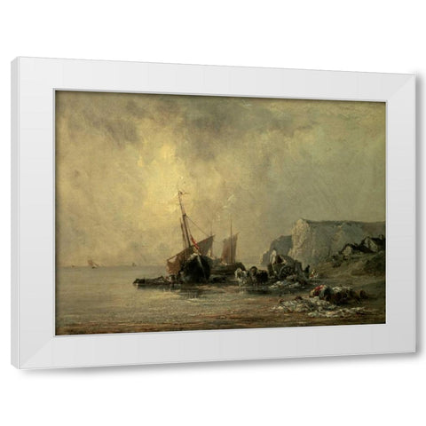Boats by the Normandy Shore White Modern Wood Framed Art Print by Bonington, Richard Parkes