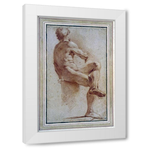 A Male Nude Seated With His Back Turned White Modern Wood Framed Art Print by Carracci, Annibale
