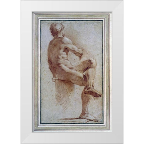 A Male Nude Seated With His Back Turned White Modern Wood Framed Art Print by Carracci, Annibale