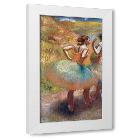 Two Dancers In Green Skirts White Modern Wood Framed Art Print by Degas, Edgar