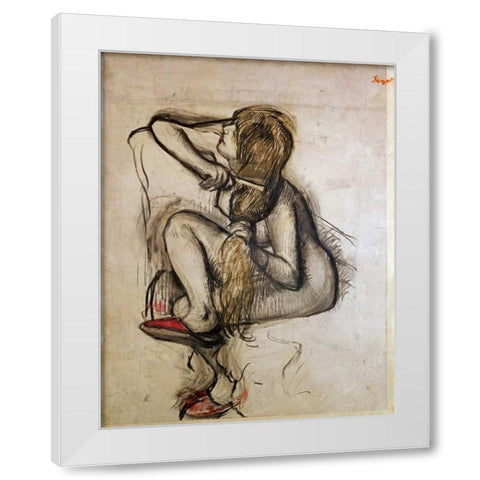 Woman Combing Her Hair White Modern Wood Framed Art Print by Degas, Edgar
