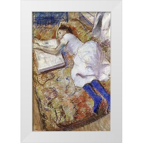 A Young Girl Stretched Out and Looking at An Album White Modern Wood Framed Art Print by Degas, Edgar
