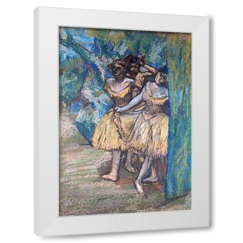 Three Dancers, With a Backdrop of Trees and Rocks White Modern Wood Framed Art Print by Degas, Edgar