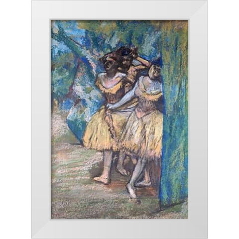 Three Dancers, With a Backdrop of Trees and Rocks White Modern Wood Framed Art Print by Degas, Edgar