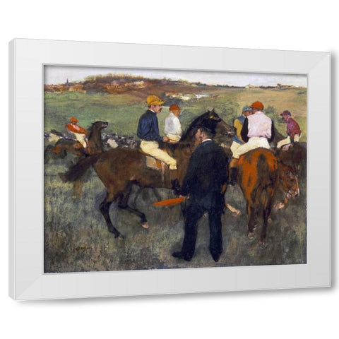 Racehorses - Leaving The Weighing White Modern Wood Framed Art Print by Degas, Edgar