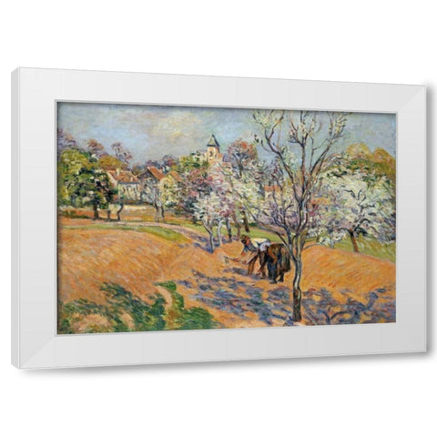 Two Peasants Sowing Haricots In An Orchard In Blossom White Modern Wood Framed Art Print by Guillaumin, Armand