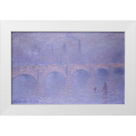 Waterloo Bridge, Misty Sunshine White Modern Wood Framed Art Print by Monet, Claude
