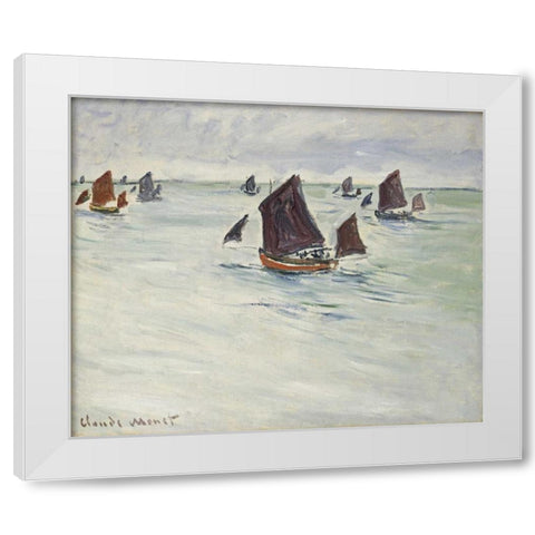 Fishing Boats off Pourville, 1882 White Modern Wood Framed Art Print by Monet, Claude